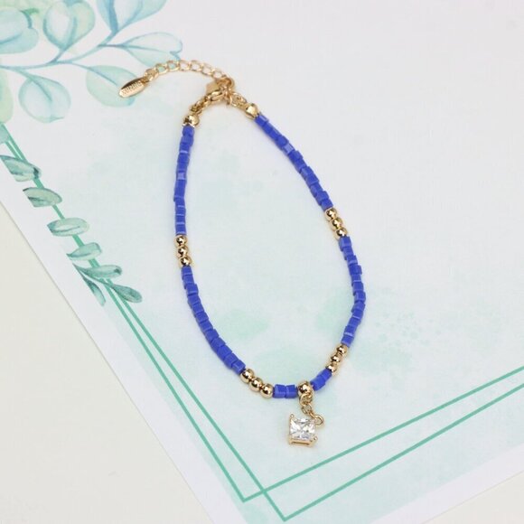 Elegant Rose Gold Bracelet with Blue Beads and Sparkling Charm, XPBL0634 - Picture 6 of 12